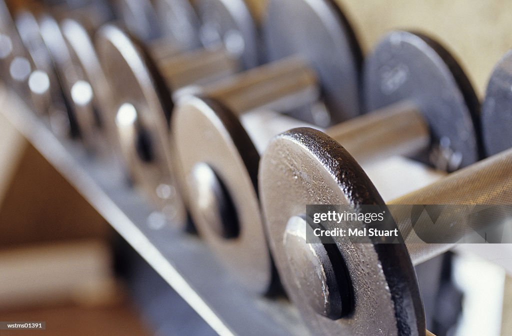 Dumbbells in a line, close up