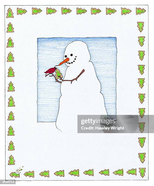 snowman feeding cardinal - not looking at camera stock illustrations