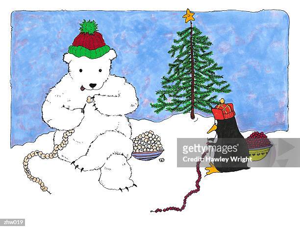 illustrazioni stock, clip art, cartoni animati e icone di tendenza di penguin & polar bear making decorations - no telefone