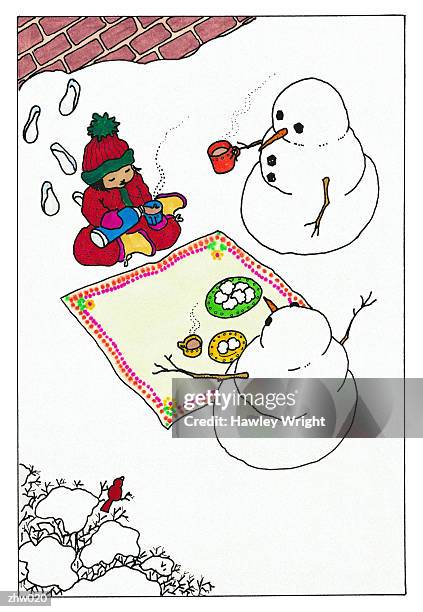 ilustraciones, imágenes clip art, dibujos animados e iconos de stock de picnic with snowmen - no racismo