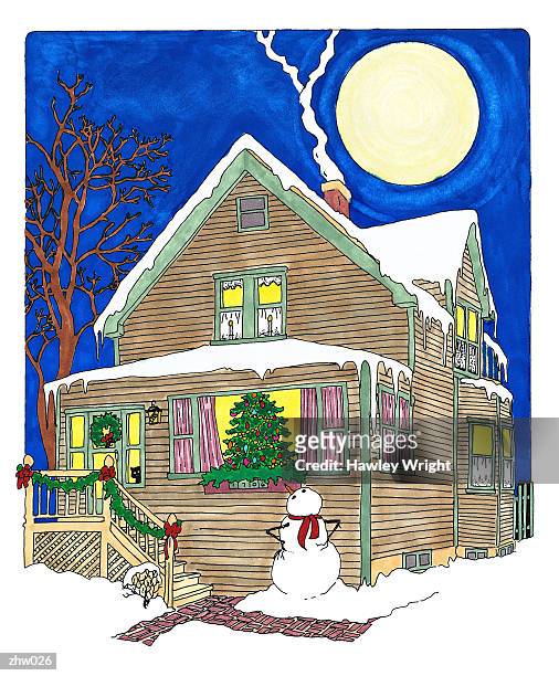 snowman admiring christmas tree - nicht städtisches motiv stock-grafiken, -clipart, -cartoons und -symbole