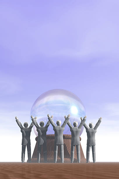 a crystal ball is surrounded by a group of businessmen trying to conjure visions of the future
