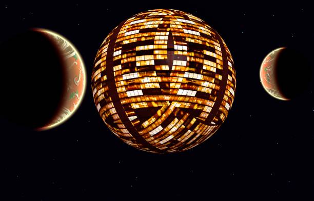 alien planets in orbit around a dyson sphere. - dyson sphere stock illustrations