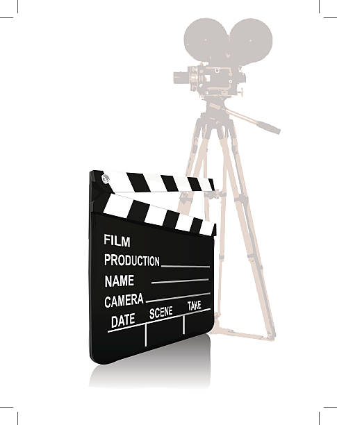 Close-up of a movie camera with a film slate