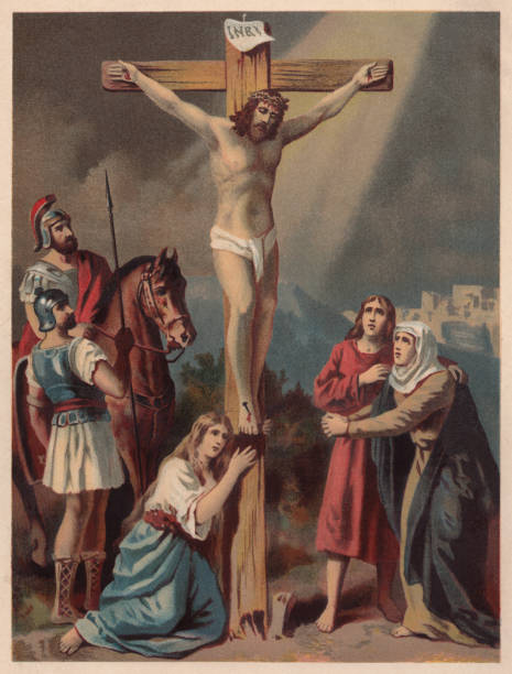 stockillustraties, clipart, cartoons en iconen met kruisiging van jezus, chromolithograph, gepubliceerd in 1886 - good friday