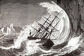 Engraving of sinking ship in a hurricane 1873