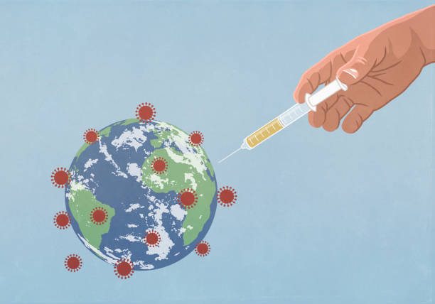 hand injecting coronavirus globe with vaccination syringe - coronavirus vaccine stock illustrations