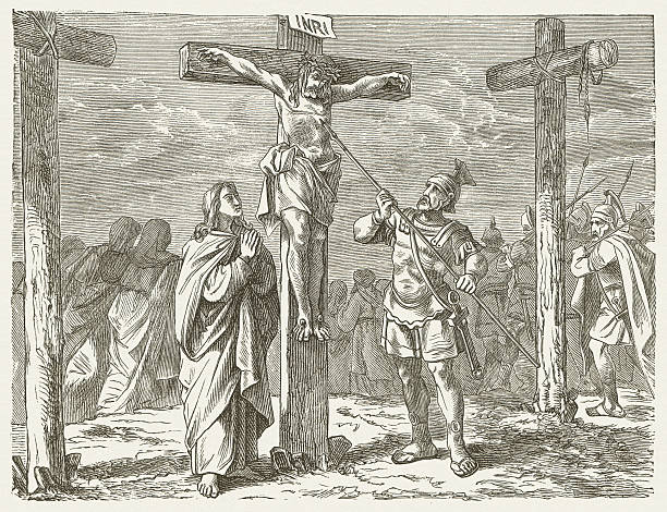 stockillustraties, clipart, cartoons en iconen met jesus' crucifixion (john, 19, 33-34), wood engraving, published in 1877 - good friday