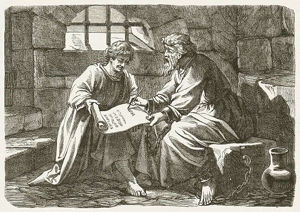 paul and tychicus, wood engraving, published in 1877 - paul in prison stock illustrations