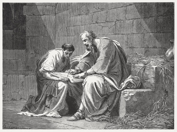 paul writes to the ephesians (ephesians 6, 21-23), published 1886 - paul the apostle stock illustrations