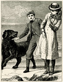 Victorian girl and boy with a large dog