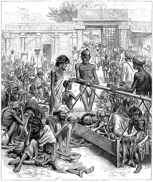 waiting for famine relief, india, 1877 (engraved illustration) - famine india stock illustrations