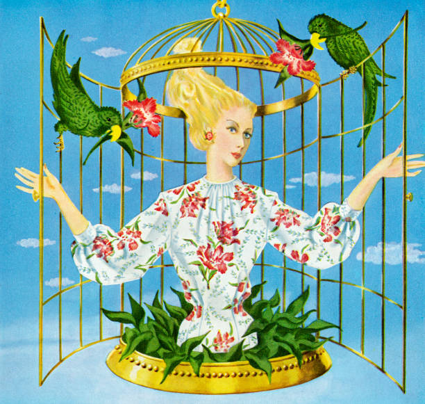 illustrations, cliparts, dessins animés et icônes de femme en cage à oiseaux - perroquet