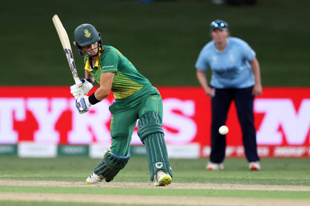 South Africa vs England - Laura Wolvaardt of South Africa plays a shot during the 2022 ICC Women's Cricket World Cup match between South Africa and England at Bay Oval on...