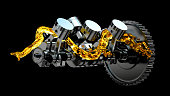 3d illustration of engine. Motor parts as crankshaft, pistons with motor oil splash
