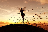 3d rendering of a fairy on a tree trunk on the sky of a sunset or sunrise surrounded by flock butterflies