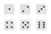 3d rendering of a set of six white dice in front view with black dots showing different numbers