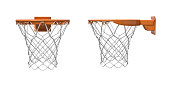 3d rendering of two basketball nets with orange hoops in front and side views.