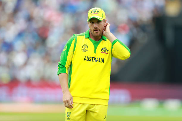 Aaron Finch of Australia looks on during the Semi-Final match of the ICC Cricket World Cup 2019 between Australia and England at Edgbaston on July...