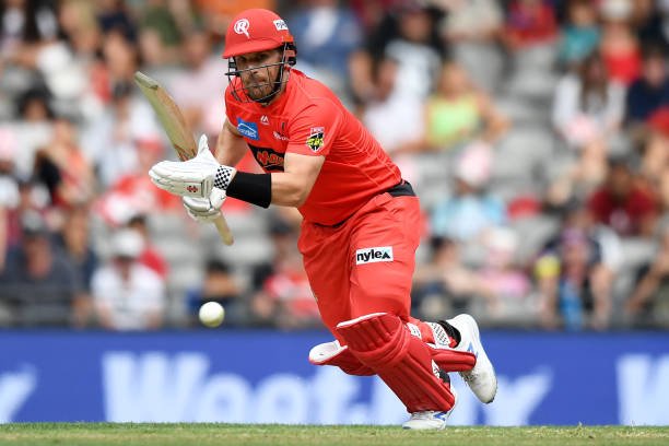 Aaron Finch of the Renegades hits the ball during the Big Bash League match between the Melbourne Renegades and the Brisbane Heat at Marvel Stadium...