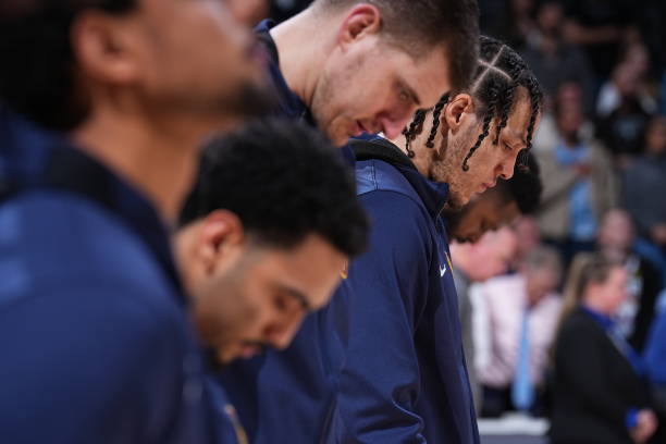 Aaron Gordon of the Denver Nuggets stands for the National Anthem prior to the game against the San Antonio Spurs on April 5, 2022 at the Ball Arena...
