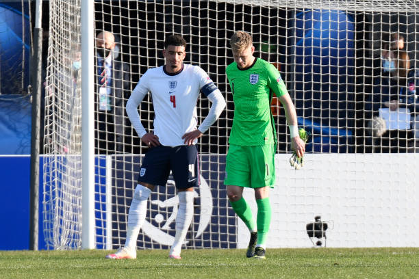 Aaron Ramsdale and Ben Godfrey of England look dejected at full time during the 2021 UEFA European Under-21 Championship Group D match between...