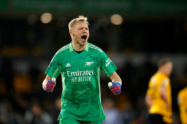Aaron Ramsdale of Arsenal celebrates following the Premier League match between Wolverhampton Wanderers and Arsenal at Molineux on February 10, 2022...
