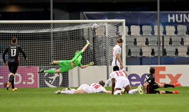 Aaron Ramsdale of England fails to save a shot from Domagoj Bradaric of Croatia as he scores his team's first goal during the 2021 UEFA European...