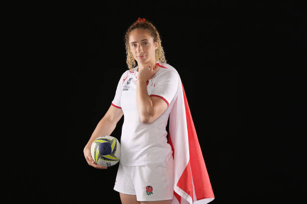 AUCKLAND, NEW ZEALAND - OCTOBER 02: Abby Dow poses for a portrait during the England 2021 Rugby World Cup headshots session at the Pullman Hotel on October 02, 2022 in Auckland, New Zealand. (Photo by Hannah Peters - World Rugby/World Rugby via Getty Images)