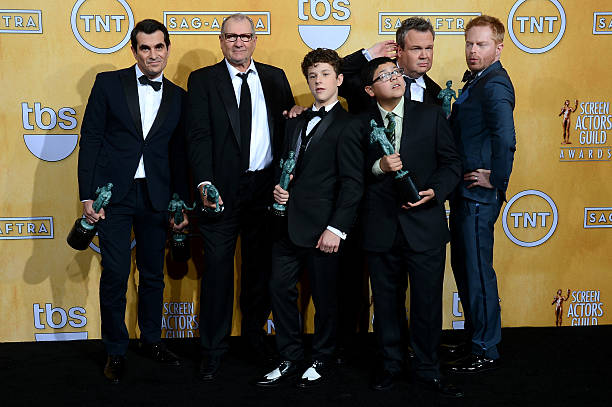 Actors Ty Burrell, Ed O'Neill, Nolan Gould, Rico Rodriguez, Eric Stonestreet and Jesse Tyler Ferguson, winners of the Outstanding Performance by an...