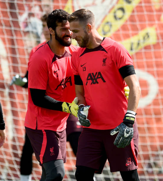 Adrian and Alisson Becker of Liverpool during a training session at AXA Training Centre on August 04, 2022 in Kirkby, England.