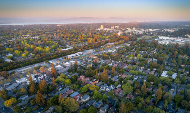aerial menlo park suburbs in silicon valley at sunset picture