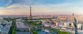 Aerial view of Paris with Eiffel tower during sunset