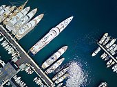 Aerial view of super yachts in harbor on the Mediterranean coast