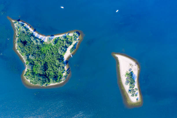 Aerial view of two islets inDe Bijland lake