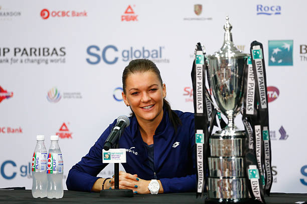 Agnieszka Radwanska of Poland speaks at a press conference after defeating Petra Kvitova of Czech Republic in the final match during the BNP Paribas...