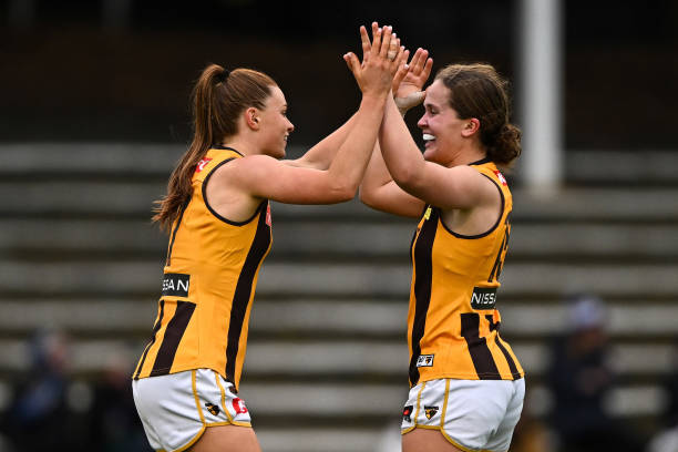 Aileen Gilroy of the Hawks celebrates a goal during the 2022 S7 AFLW Round 10 match between the Fremantle Dockers and the Hawthorn Hawks at Fremantle...