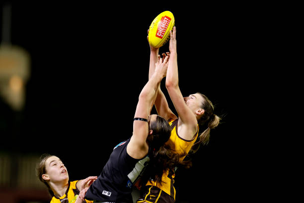 Aine McDonagh of the Hawks takes a mark during the round seven AFLW match between the Hawthorn Hawks and the Port Adelaide Power at SkyBus Stadium on...