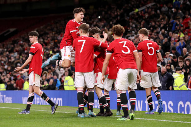 Alejandro Garnacho of Manchester United celebrates with team mates after scoring their sides second goal during the FA Youth Cup Semi Final match...