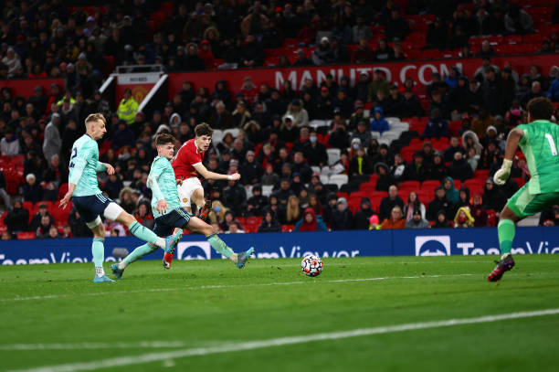 Alejandro Garnacho of Manchester United scores his side's second goalduring the FA Youth Cup sixth round match between Manchester United and...