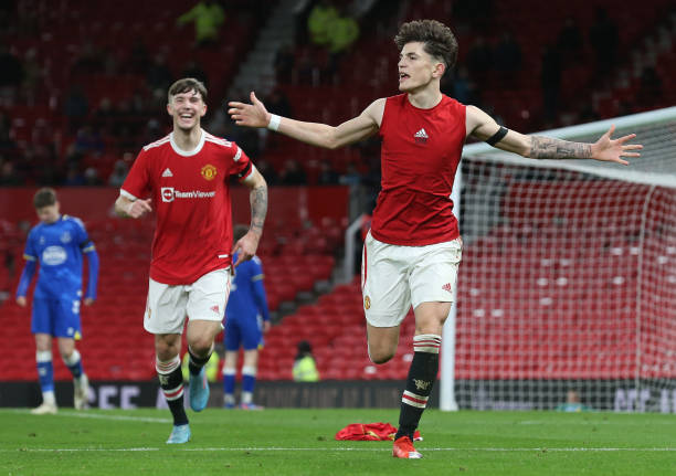 Alejandro Garnacho of Manchester United U18s celebrates scoring their fourth goal during the FA Youth Cup match between Manchester United U18s and...