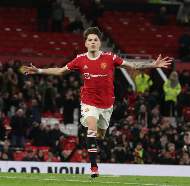 Alejandro Garnacho of Manchester United U18s celebrates scoring their first goal during the FA Youth Cup match between Manchester United U18s and...
