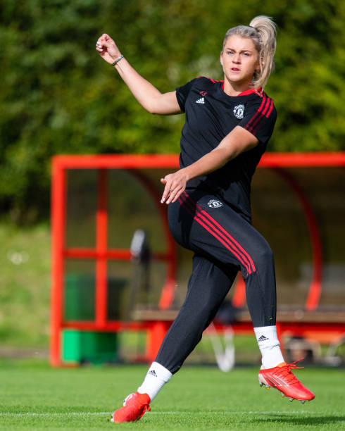 Alessia Russo of Manchester United Women in action during a training session at Carrington Training Ground on October 01, 2021 in Manchester, England.