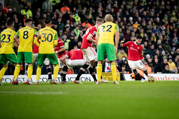 Alex Telles of Manchester United takes a free kick during the Premier League match between Norwich City and Manchester United at Carrow Road on...