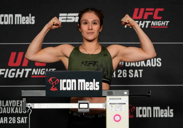 Alexa Grasso of Mexico poses on the scale during the UFC Fight Night official weigh-in at the Renaissance Hotel on March 25, 2022 in Columbus, Ohio.