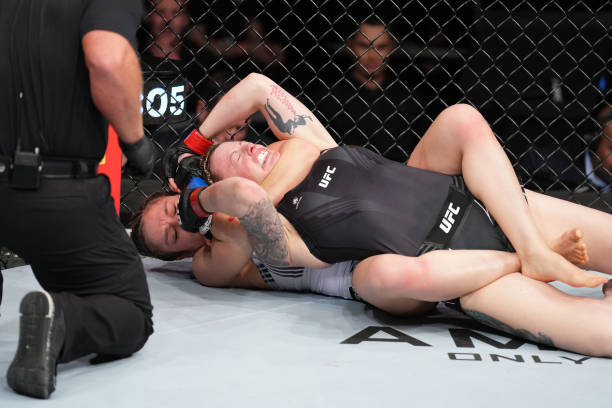 Alexa Grasso of Mexico submits Joanne Wood of Scotland in a flyweight fight during the UFC Fight Night event at Nationwide Arena on March 26, 2022 in...