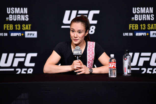 Alexa Grasso speaks to the media during the UFC 258 Media Day at UFC APEX on February 10, 2021 in Las Vegas, Nevada.