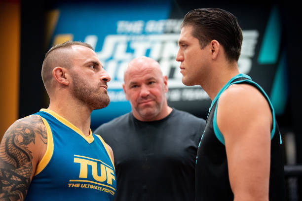 Alexander Volkanovski and Brian Ortega face off during the filming of The Return of The Ultimate Fighter at UFC APEX on May 20, 2021 in Las Vegas,...