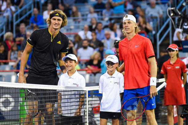 Alexander Zverev and Denis Shapovalov at players presentation before their semifinal match at ATP Coupe Rogers on August 12 at Uniprix Stadium in...