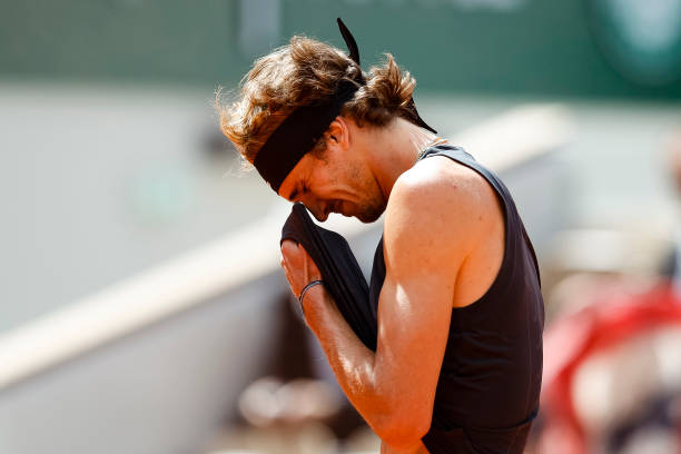 Alexander Zverev of Germany reacts while plays against Sebastian Baez of Argentina during the 2022 French Open at Roland Garros on May 25, 2022 in...